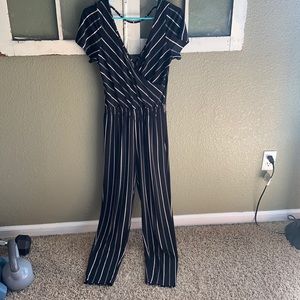 Express XS worn 1x black & white striped jumpsuit